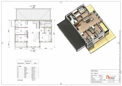 Etasjeplan (2. etasje) med romnummer, areal og romliste, samt en 3D-visualisering av samme etasje.
