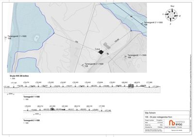 Situasjonsplan (site plan) som viser bygningens plassering i forhold til terrenget, vannveier og nabolag.