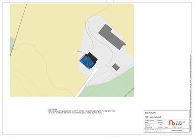 Situasjonsplan som viser tomtens form, terrengforhold (konturer), plassering av eksisterende bygninger (gult) og planlagt nybygning (blått).