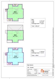 Plantegning som viser arealoppdelinger (BRA og BYA) for ulike etasjer av en bygning.