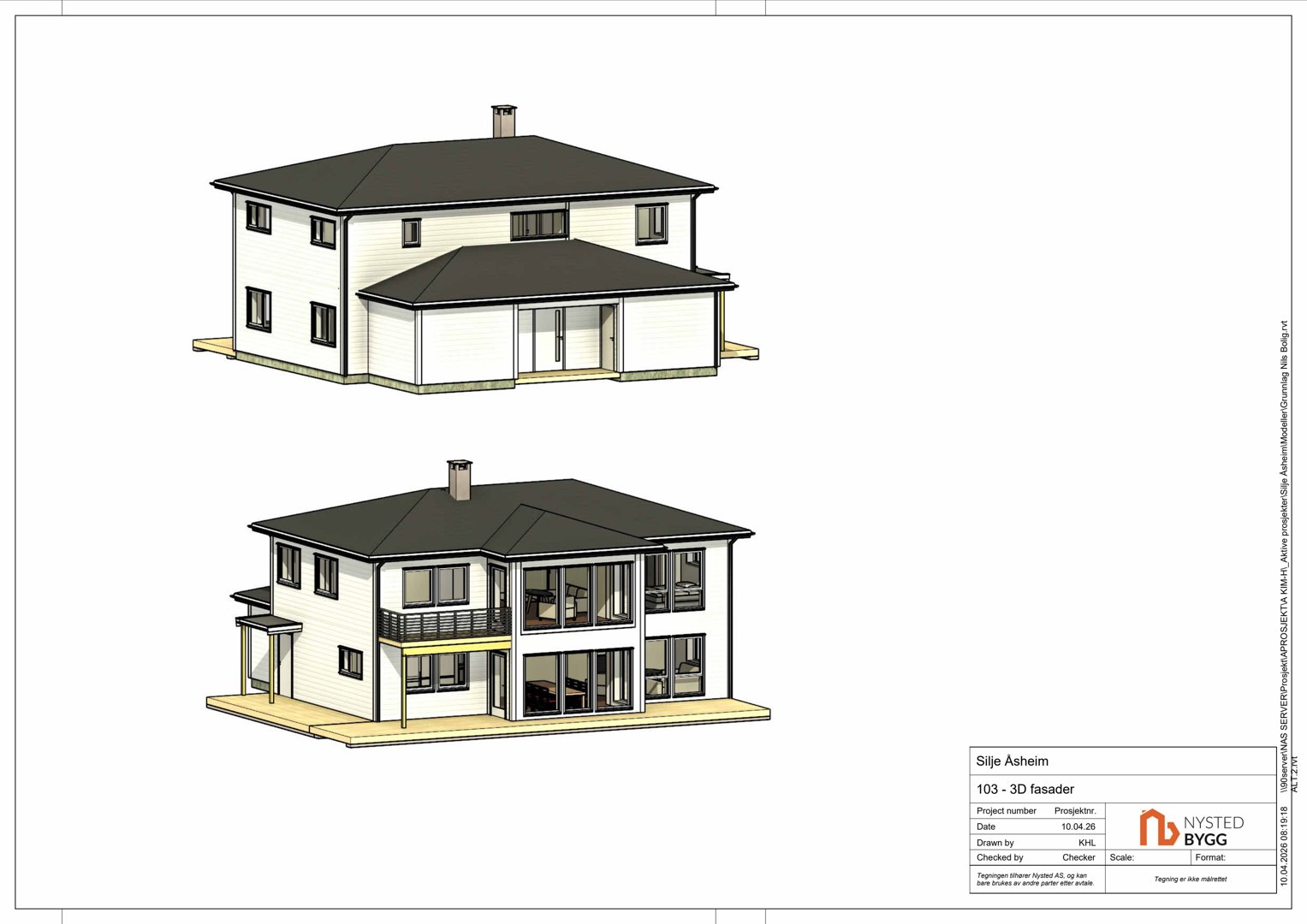 3D-visualisering av to fasader på en villa. Bildet viser bygningens utseende fra ulike vinkler med detaljer om tak, vinduer og materialer.