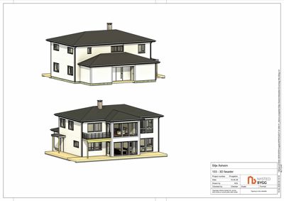 3D-visualisering av to fasader på en villa. Bildet viser bygningens utseende fra ulike vinkler med detaljer om tak, vinduer og materialer.