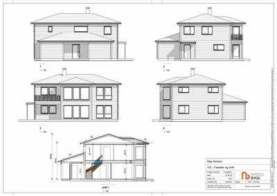 Bildet viser en tegning med fire fasader (1-4) og et snitt (snitt 1) av en bolig. Det er klassifisert som 'facade' fordi det primært viser bygningens ytre utseende og form.