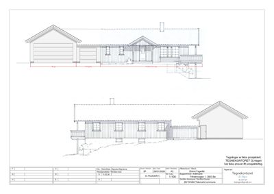 Fasadetegning som viser bygningens utseende fra to ulike vinkler (for- og sidefasade).