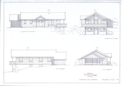 Fasadetegning som viser bygningens utsyn fra fire ulike retninger (nord, sør, øst og vest).