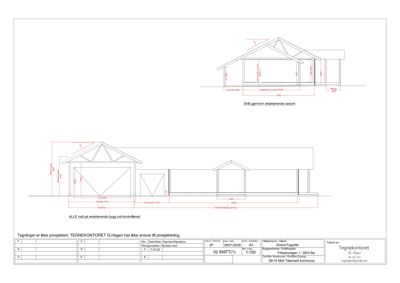 Tegning som viser tverrsnitt (snitt) av en eksisterende bygning (carport) med mål og dimensjoner.
