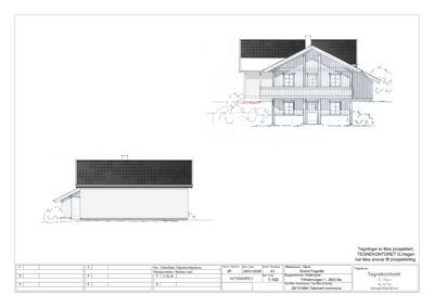 Fasadetegning som viser bygningens utseende fra front og side, inkludert takform, vinduer og fasadematerialer.