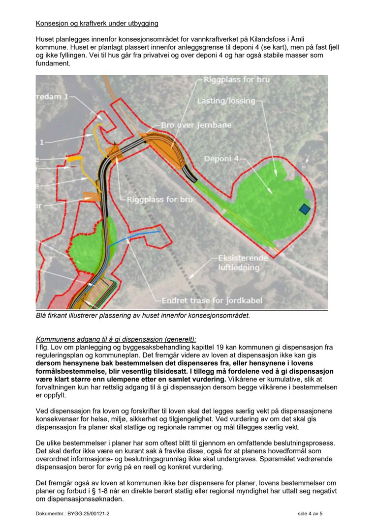 Et kart som viser plassering av et hus i forhold til en deponi og vannkraftverk, med overlagte ruter for konsesjonsområde.