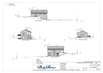 Fasadetegning som viser bygningens utseende fra fire ulike vinkler (nord, øst, sør og vest).