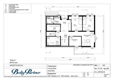 Etasjeplan (underetasjeplan) som viser romfordeling, veggtyper og dimensjoner for en bolig.