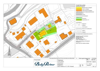 Situasjonsplan som viser tomtens beliggenhet i forhold til nabolaget, bygninger, veier og grønnstruktur.