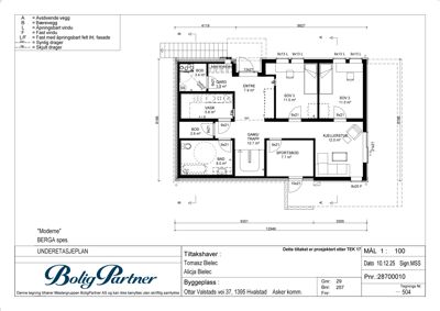Etasjeplan (underetasjeplan) som viser romfordeling, mål og veggtyper for en bolig.