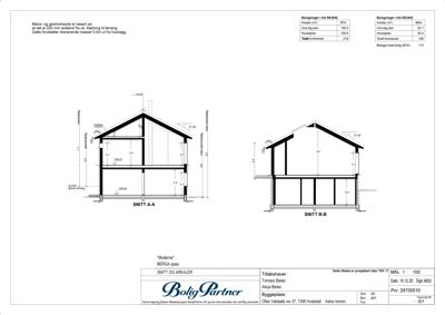 Tegning som viser tverrsnitt (snitt) gjennom bygningen, med mål på høyder, romfordeling og konstruksjon.