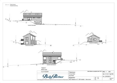 Fasadetegning som viser bygningens utseende fra fire ulike vinkler (sør, øst, vest og nord) med høydeangivelser og terrengforhold.