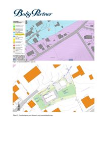 Bildet viser to kart som viser bygningers plassering i forhold til tomtegrenser, veier og terrengforhold. Øverste kart er et lemmassekart, og nederste er et utomhusplan med vannhåndtering.