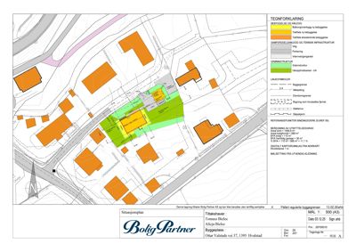 Situasjonsplan som viser tomtens beliggenhet, nabolag, veier, og planlagt bebyggelse med fargekodet tegnforklaring.