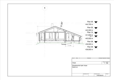 Snittegning av en hytte (Snitt A-A) som viser høydeforskjeller mellom etasjer og terreng.