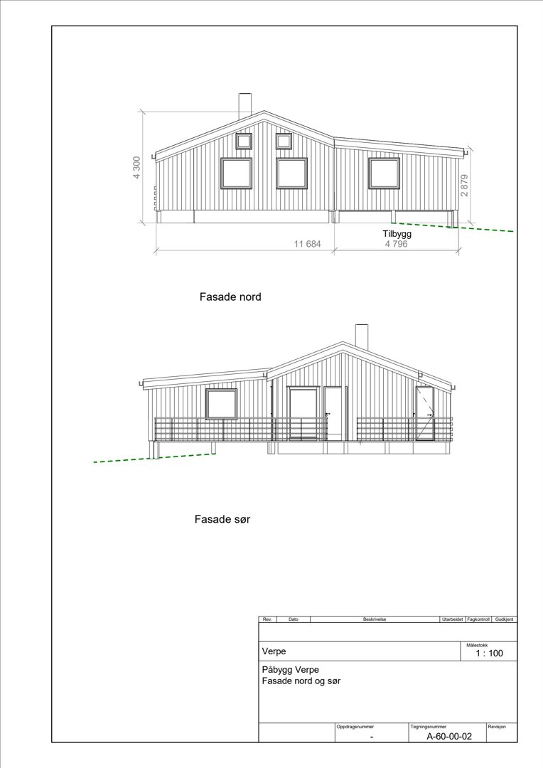 Fasadetegning som viser bygningens utseende sett fra nord og sør, med mål og detaljer.