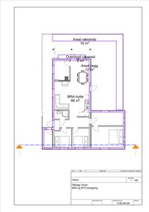 Etasjeplan for en BRA-hytte med utvidelser, som viser romfordeling og arealoppdelinger.