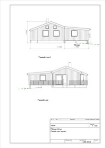 Fasadetegning som viser bygningens utseende sett fra nord og sør med mål og detaljer.