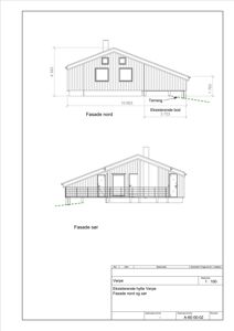 Tegning som viser fasade nord og fasade sør for en hytte, med mål og terrenglinjer.