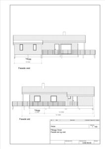 Tegning som viser fasadeøst og fasadevest for en bygning med mål og detaljer.