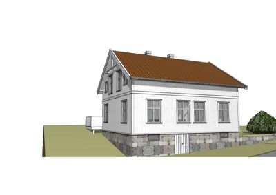 3D-visualisering (rendering) av en husfasade med grunnmur, vinduer og tak.