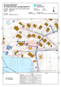 Situasjonskart som viser tomtens beliggenhet, grenser og omgivende infrastruktur.