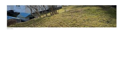 Fotografi av en tomt med en hvit bygning i bakgrunnen, en skråning med gress og noen trær.