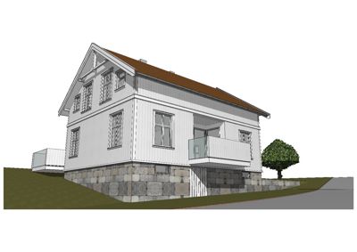 3D-visualisering av en planlagt eller eksisterende bolig sett fra en vinkel, med visuell fremstilling av fasade, tak og omgivelser.