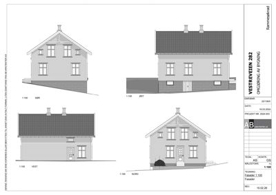 Fasadetegning som viser bygningens utsyn fra fire sider (Nord, Sør, Vest og Øst) med detaljer om tak, vinduer og fasadematerialer.