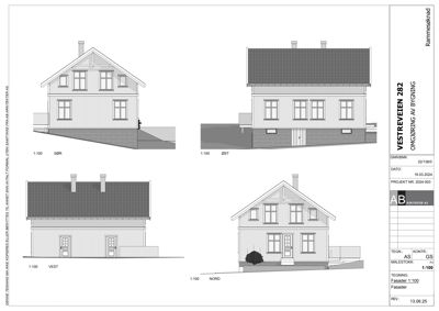 Fasadetegning som viser oppriss av bygningens fire sider (SØR, ØST, VEST, NORD) med vinduer, dører og takform.