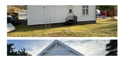 Fotografi av en hvit hytte sett fra siden, med et separat bilde av taket under.