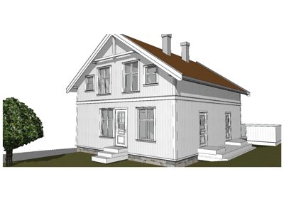 3D-visualisering (rendering) av en toetasjes villa sett fra front og side, med visuell fremstilling av fasade, tak, vinduer, trapper og omgivelser.