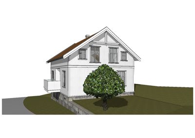 3D-visualisering av en husfasade med omgivende terreng og en trær.