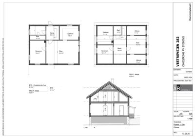 Bildet viser etasjeplaner (BRA 1. etasje) for en bygning, inkludert romfordeling og arealoppdelinger.