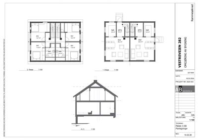 Bildet viser etasjeplaner for 1. og 2. etasje samt et snitt (A-A) av en bygning. Tegningen inneholder romnavn, arealer og målestokk.