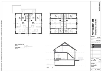 Etasjeplaner for et hus (BRA 1. etasje og BYA), inkludert romfordeling, arealer og et snitt av bygningen.