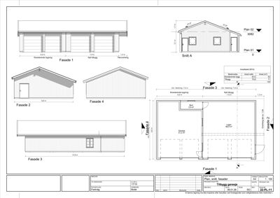 Tegning som viser fasadeoppsett, snitt og etasjeplan for en garasje.