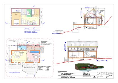 Bildet viser et sammensatt arkitekttegningssett som inkluderer etasjeplaner (Ny etasje, Varslet etasje), snittegninger (Snitt A-A, Snitt B) og en situasjonsvisning. Det er en teknisk tegning fra en byggesak.
