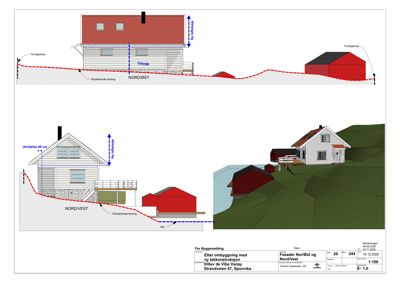 Fasadetegning som viser bygningens utseende og høyde fra ulike vinkler (NORDØST og NORD/VEST) med tilhørende situasjonslinjer.