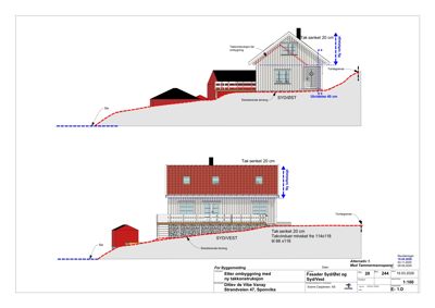 Fasadetegning som viser bygningens utseende og høydeendringer sett fra sydøst og sydvest.