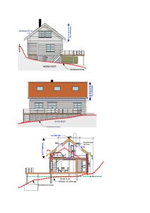 Bildet viser tre tegninger av en bygning: to fasadeoppvisninger (Nord/Vest og Syd/Vest) og et snitt (Snitt A-A) som viser innvendig konstruksjon og romfordeling.