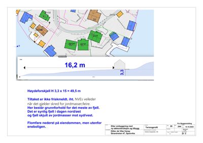 Bildet viser en situasjonsplan med terrengprofil og tekstmessig informasjon om høydeforskjell og geologi.