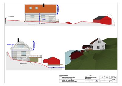 Bildet viser fasadetekninger (opprikk) av en bygning sett fra Nord/Vest og Nord/Øst, inkludert tilhørende terreng og nabobygning.