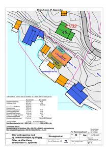 Situasjonsplan som viser tomtens beliggenhet, eksisterende og planlagt bebyggelse, samt arealoppdelinger og topografi.