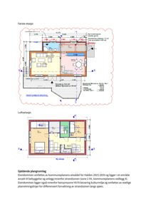 Bildet viser etasjeplaner for 'Første etasje' og 'Loftsetasje' med romfordeling og mål.