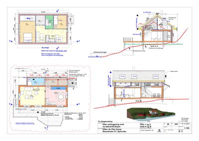 Bildet viser etasjeplaner (Plan 1 og 2) med romfordeling, mål og snittegninger (Snitt A-A og Snitt B) for en bygning.