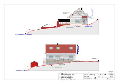 Fasadetegning som viser bygningens utseende og høydeforskjeller sett fra sydøst og sydvest.