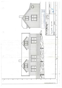 Fasadetegning av en toetasjes bygning sett fra siden.